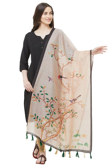 Beige Nature Print Chanderi Silk Dupatta